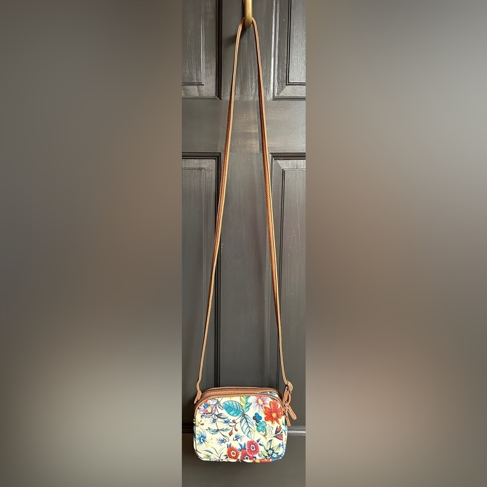 MultiSac Small Crossbody Bag Faux Leather Off-White Multi Color Floral Design - Picture 2 of 13